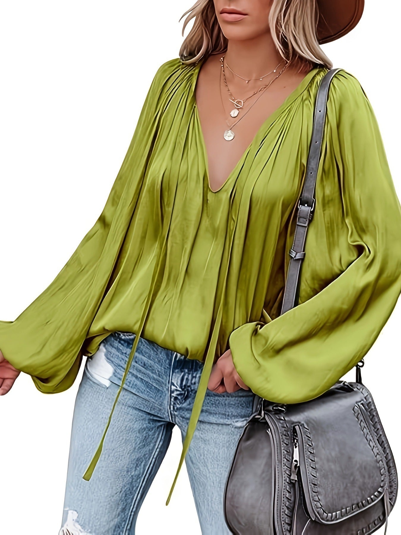 Women's Satin V-neck Long Sleeve Shirt Casual
