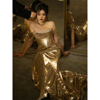 Women's Gold Off shoulder Bridal Fishtail Dress