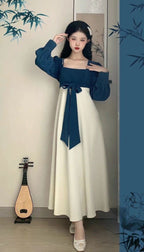 National Style New Chinese Style Spring And Autumn French Retro Elegant Slim Square Collar High Waist Skirt