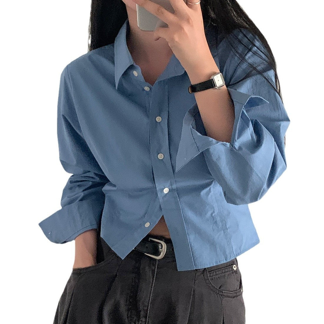 Waist-tight Slimming And Short Long-sleeved Shirt Women's Lapel Shirt