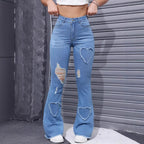 Washed Casual Heart-shaped Ripped Stretch Flared Jeans